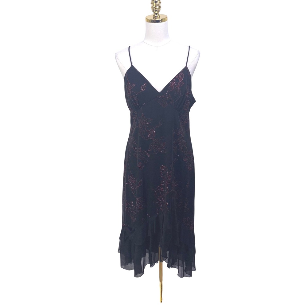 Y2K Vintage Whimsigoth Black Red Glitter Floral Ruffle Midi Dress L Made in USA